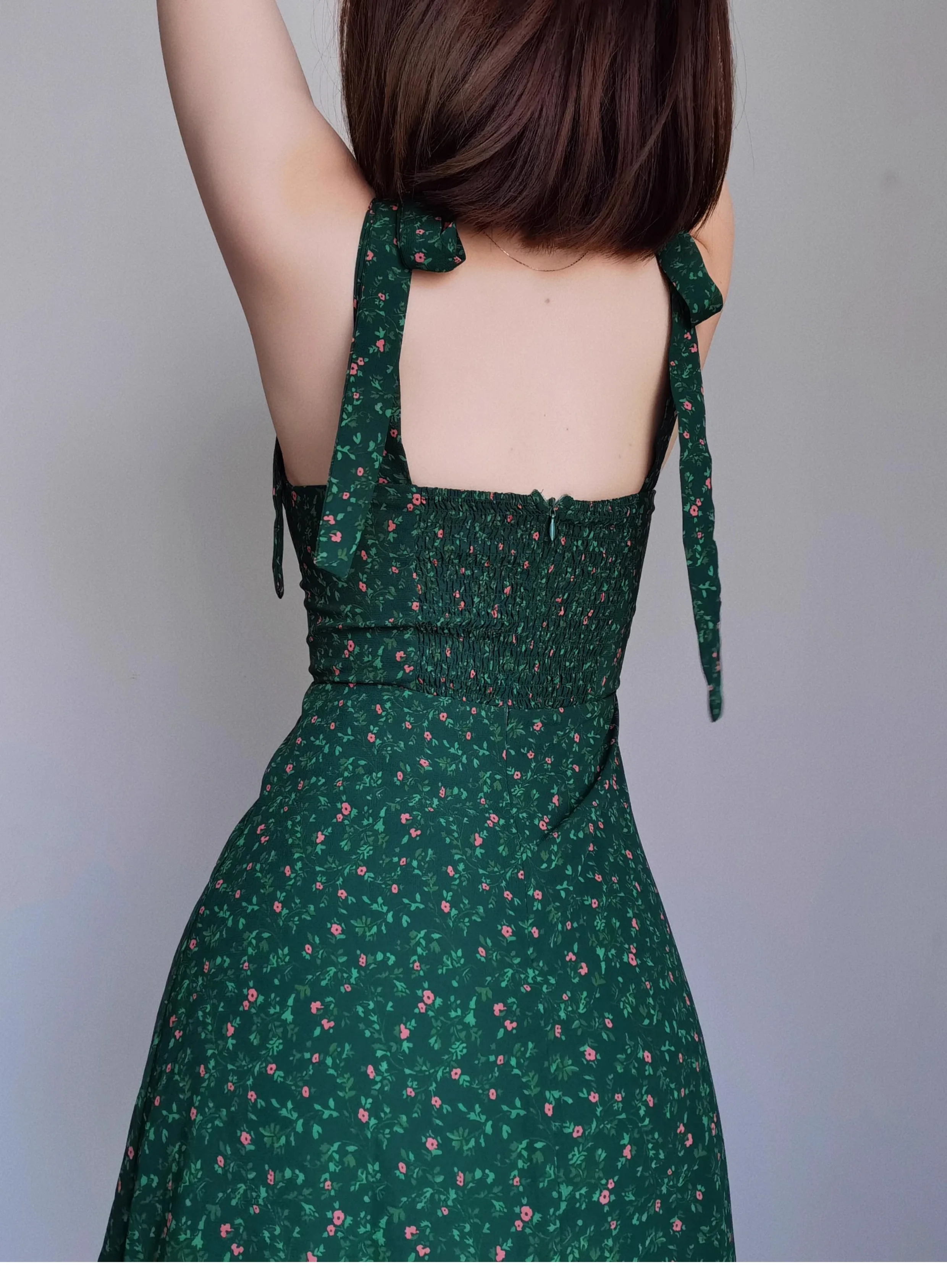 Mini Dresses French Style Retro Dark Green Floral Dress Women Summer Sweetheart Neckline Cinching Waist Slim A-line Short Dress