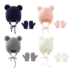 Winter new baby wool cap solid color children's warm knitted hat gloves two-piece set baby accessories newborn