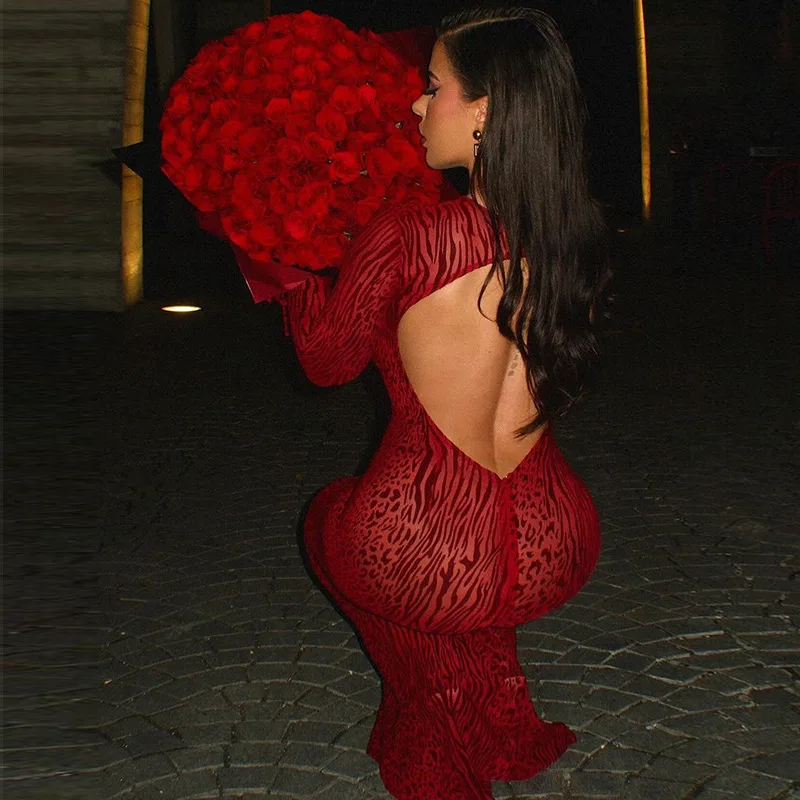 Robe sirène dos nu à imprimé léopard rouge sexy pour femmes, col rond, coupe ajustée, mode, soirée, tenue longue moulante