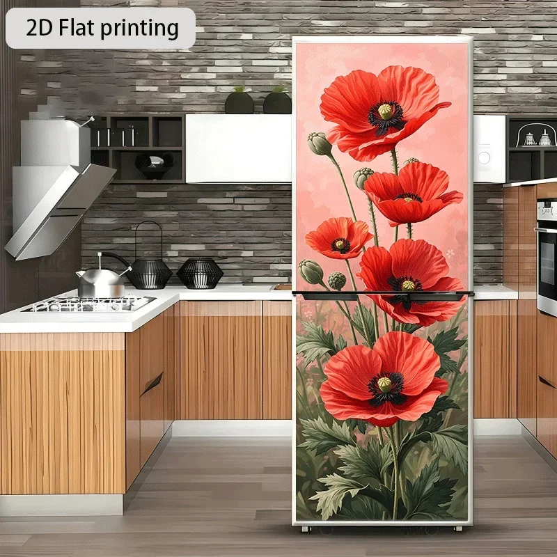 1pc of Refrigerator Sticker, 60×180 Cm, Featuring a Red Poppy Theme Design, Self-Adhesive Wall Decoration Suitable for Cabinet