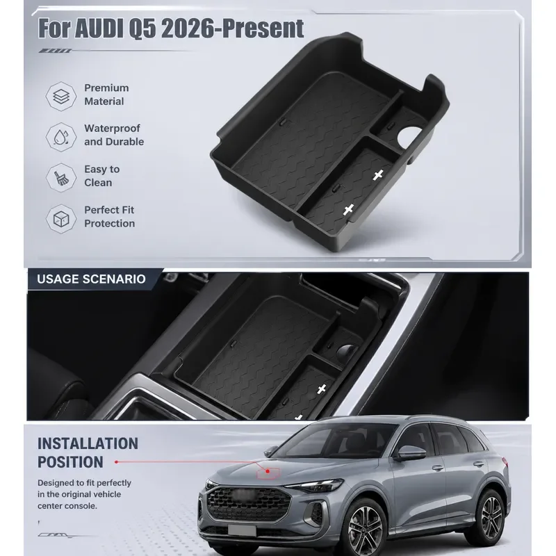 For Audi Q5 2026-2027 Center Console Armrest Storage Box Organizer ABS Interior Accessories Stowing Tidying Tray