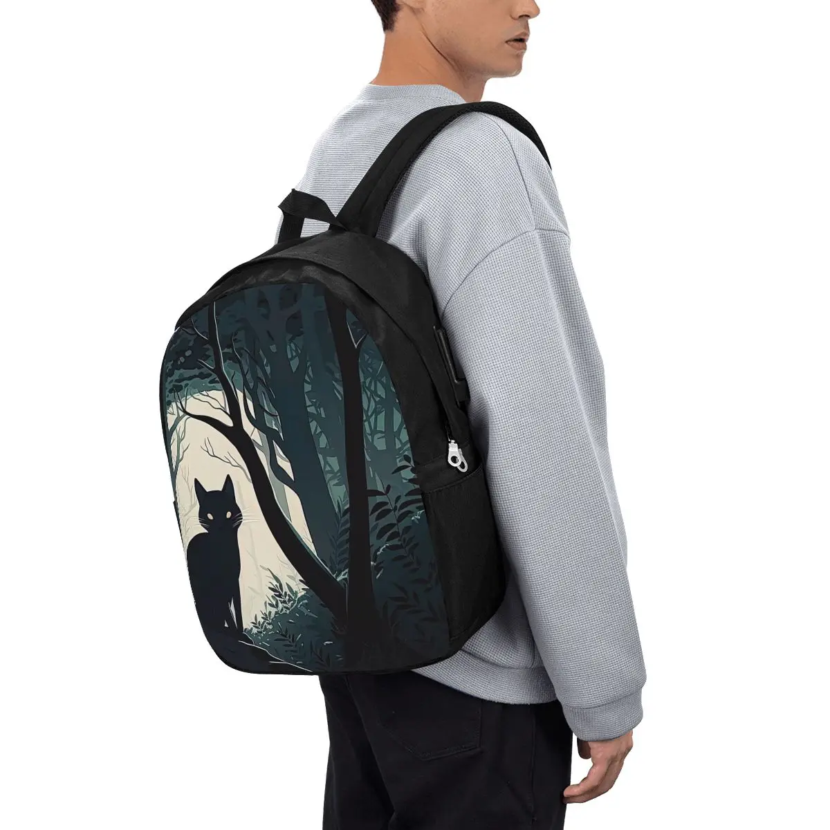 Dark Night Forest Mystical Black Cat Print Backpack Travel Notebook Bag Computer College Student School Bag Laptop Shoulder Bags