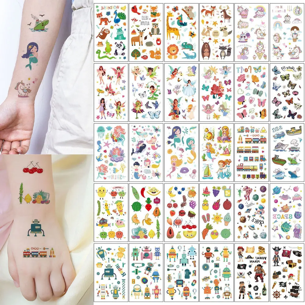 30pcs Cartoon Temporary Tattoos for Kids Unicorn Mermaid Car Fruit Fake Tattoo for Children Hand Body Waterproof Tattoo Stickers