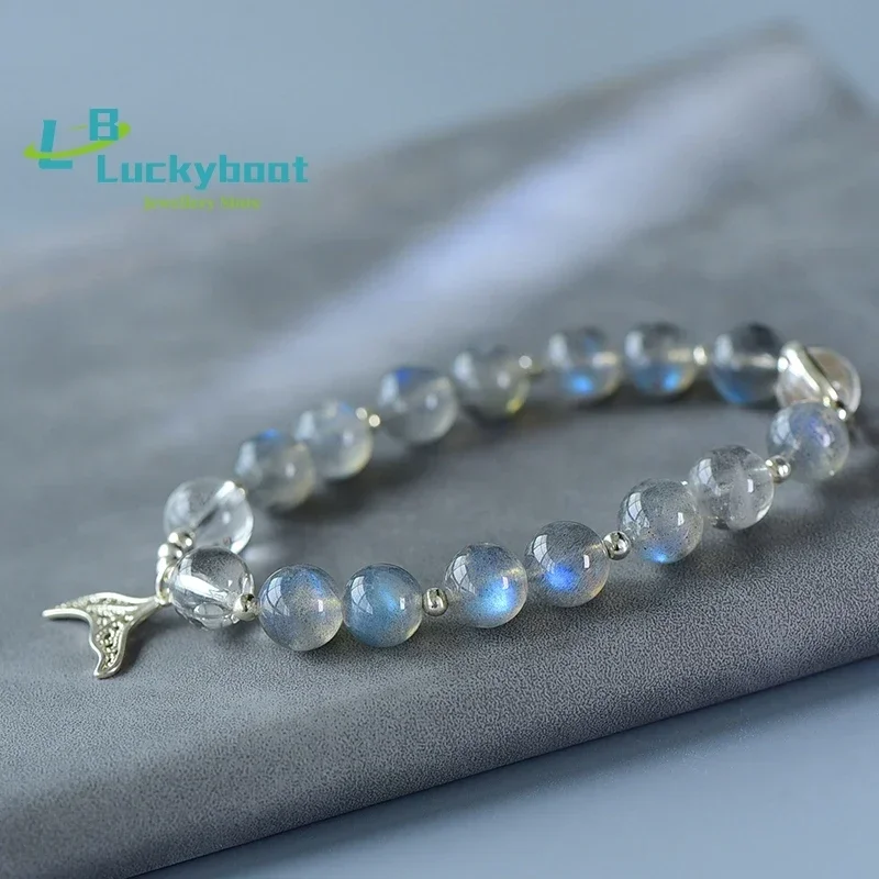 Natural Gray Moonlight Long Stones Diy Bracelet S925 Pure Silver Fantasy Blue Light Romantic Fishtail Niche Ins Female