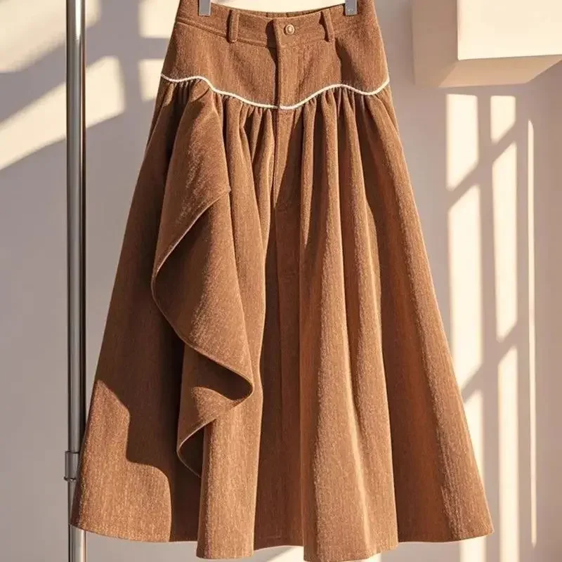 ใหม่แฟชั่น Corduroy กระโปรงผู้หญิงฤดูใบไม้ร่วงฤดูหนาว Ruffles เอวสูง Casual A-Line พับกระโปรง Patchwork Contrast สี Jupe