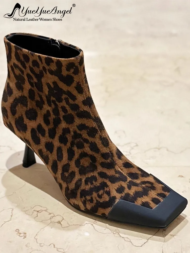 Fashion Women Square Toe Thin Heels High Top Modern Shoes Zipper Leopard Real Suede Leather Ankle Boots Ladies Office Work Shoes