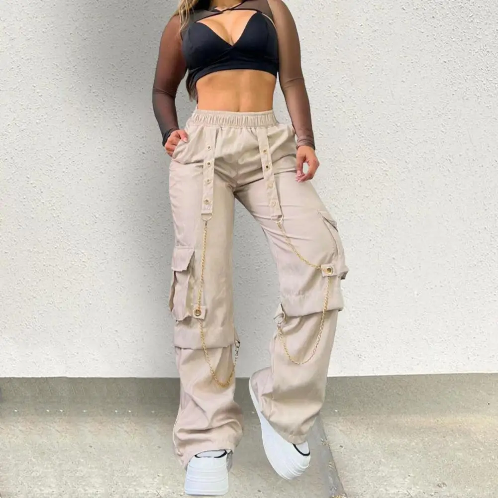 

Women Drawstring Cargo Pants Stylish Women's Cargo Pants with Elastic High Waist Chain Straps Multi Pockets Trendy for Ladies