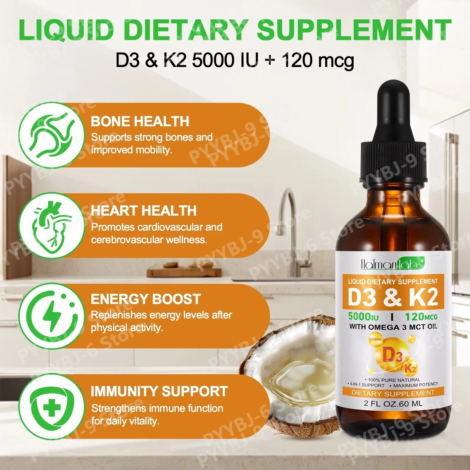 Hatmanlabs 5000 IU Vitamin D3 K2 Drops and Omega 3 Mct Oil Improve Bone Density Enhance Immunity & Energy Sugar-Free 60ml