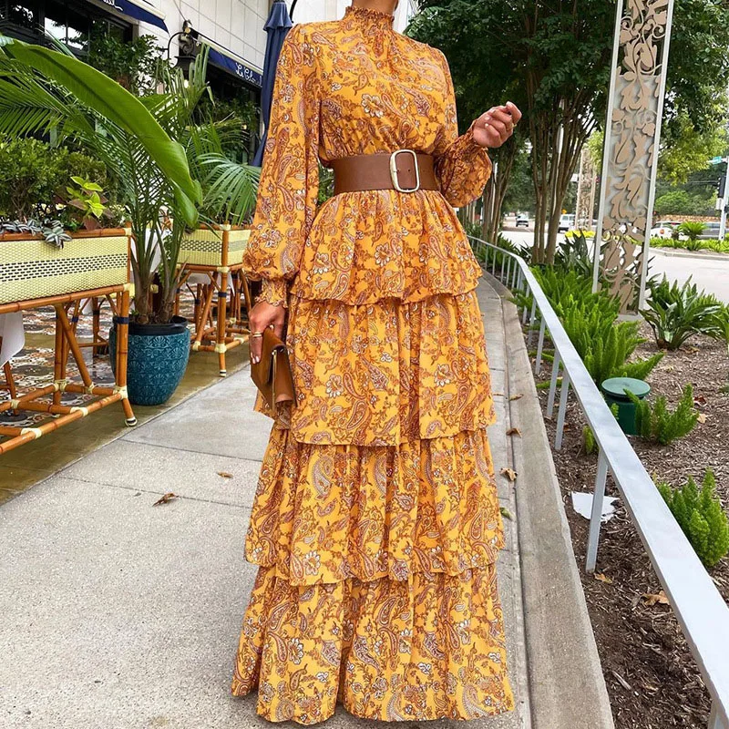 2022 Women Floral Printed Lantern Long Sleeve Sundress Female Vintage Cake Loose Beach Dress Elegant Cascading Ruffles Cover-Ups