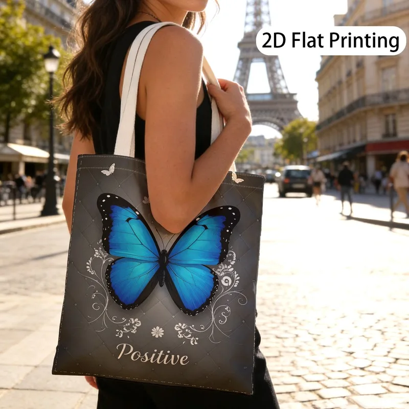 1pc Blue Butterfly Positive Tote Bag,ShoppingBag,Suitable for Daily Use,Shopping,School,Travel,Healing Gift for Butterfly Lovers