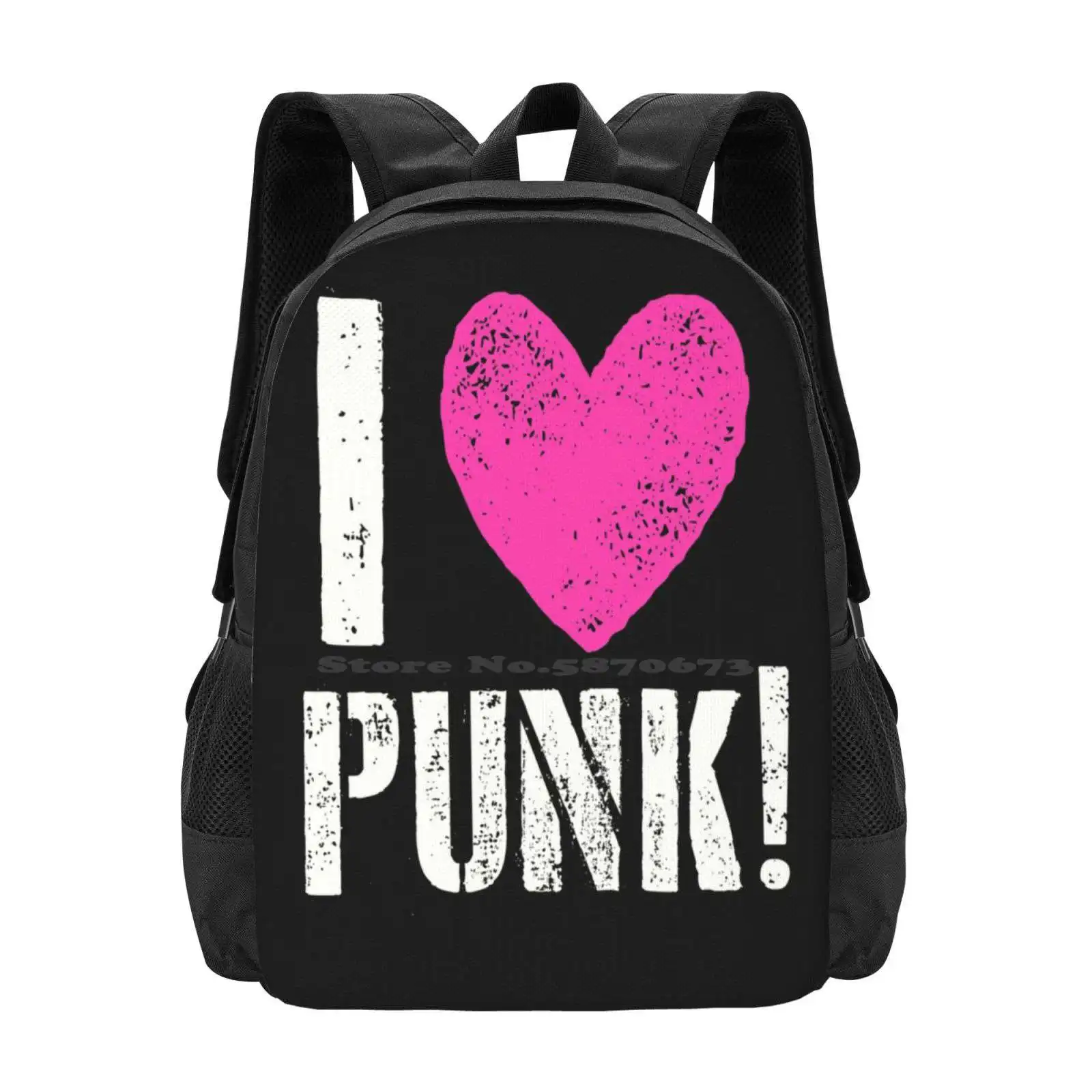 

I Love Punk! Hot Sale Schoolbag Backpack Fashion Bags I Love Punk Pink Heart Bobbyg Music Band Skull Logo Skater Indie And Roll