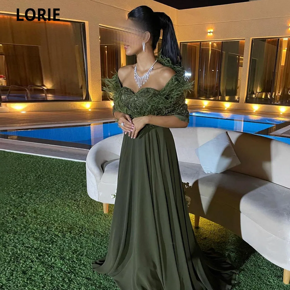 Lorie Green Chiffon A-lijn Prom Dresses Sweetheart Halve Mouwen Lange Saudi Arabië Party Jurken Veren Vestidos De Noche