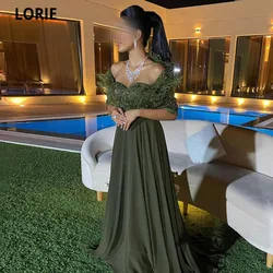 LORIE Green Chiffon A-Line Prom Dresses Sweetheart Half Sleeves Long Saudi Arabia Party Dresses Feathers Vestidos De Noche