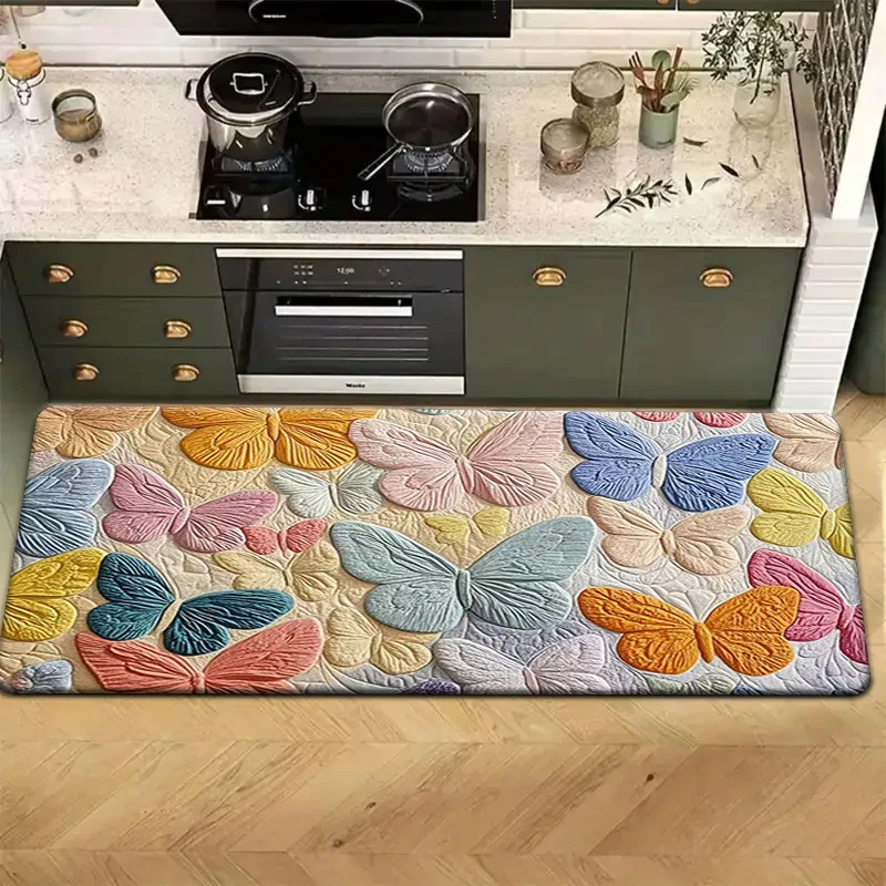 Cute 3D Colorful Butterfly Print Diatomaceous Earth Kitchen Mat, Non-Slip Oil-Proof Waterproof Stain Resistant Long Floor Rug