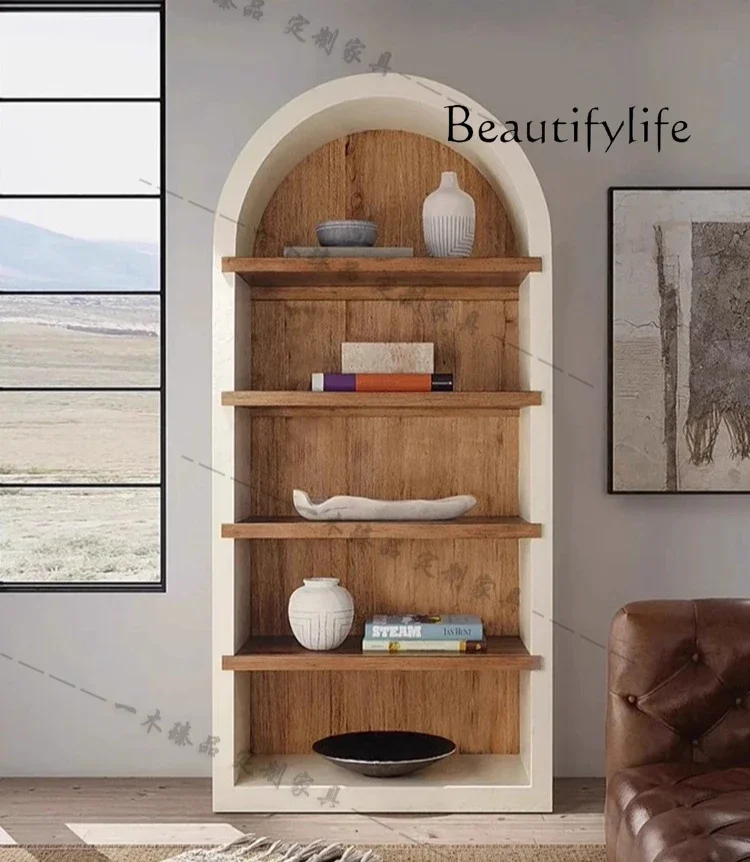 BK American Light Luxury Solid Wood Bookcase Simple Living Room Two-color Doorless Storage Rack Retro Arched Decorative Cabinet