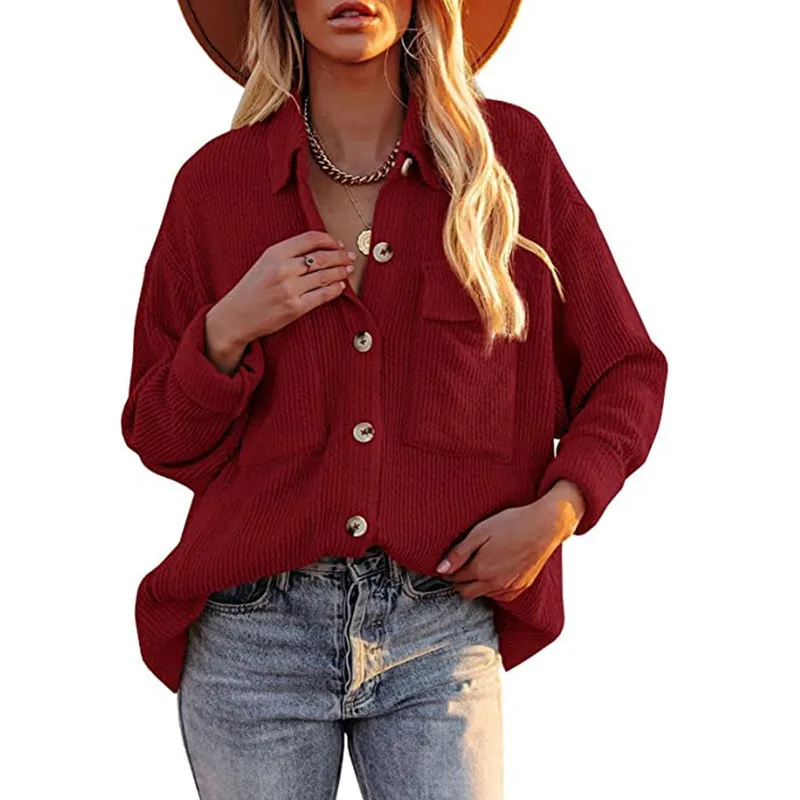 2023 Autumn and Winter Women\'s Fashion Solid Color Loose Corduroy Lapel Double Pocket Long Sleeve Casual Versatile Shirt Coat