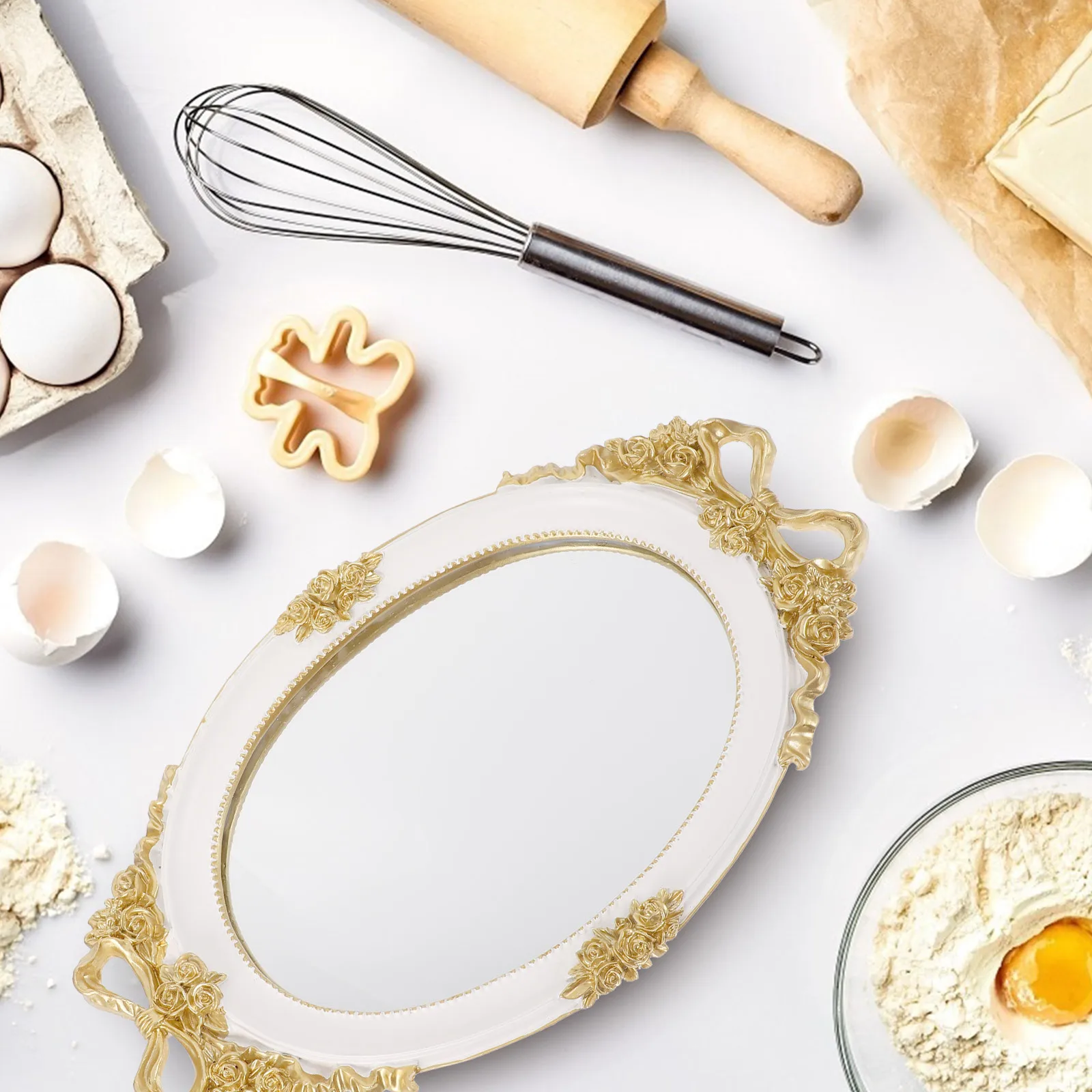 

Retro Mirror Tray Decorative Storage Plate Wedding Dessert Jewelry Display European Style Resin Glass Home Living Room Bedroom