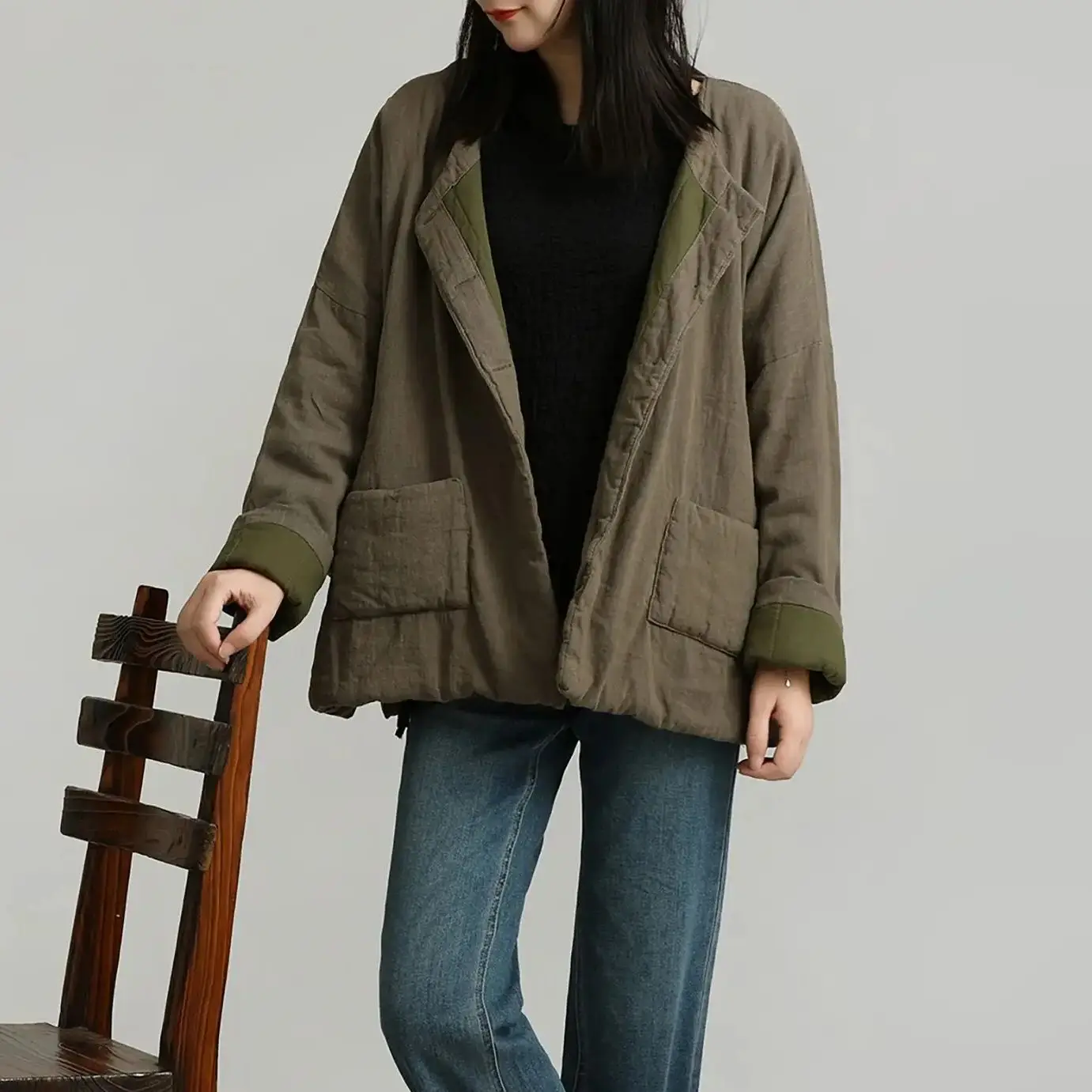 

LZJN Women's Winter Thickened Linen Solid Color Loose Fit Plus Size Minimalist and Elegant Fashionable Short Padded Jacket