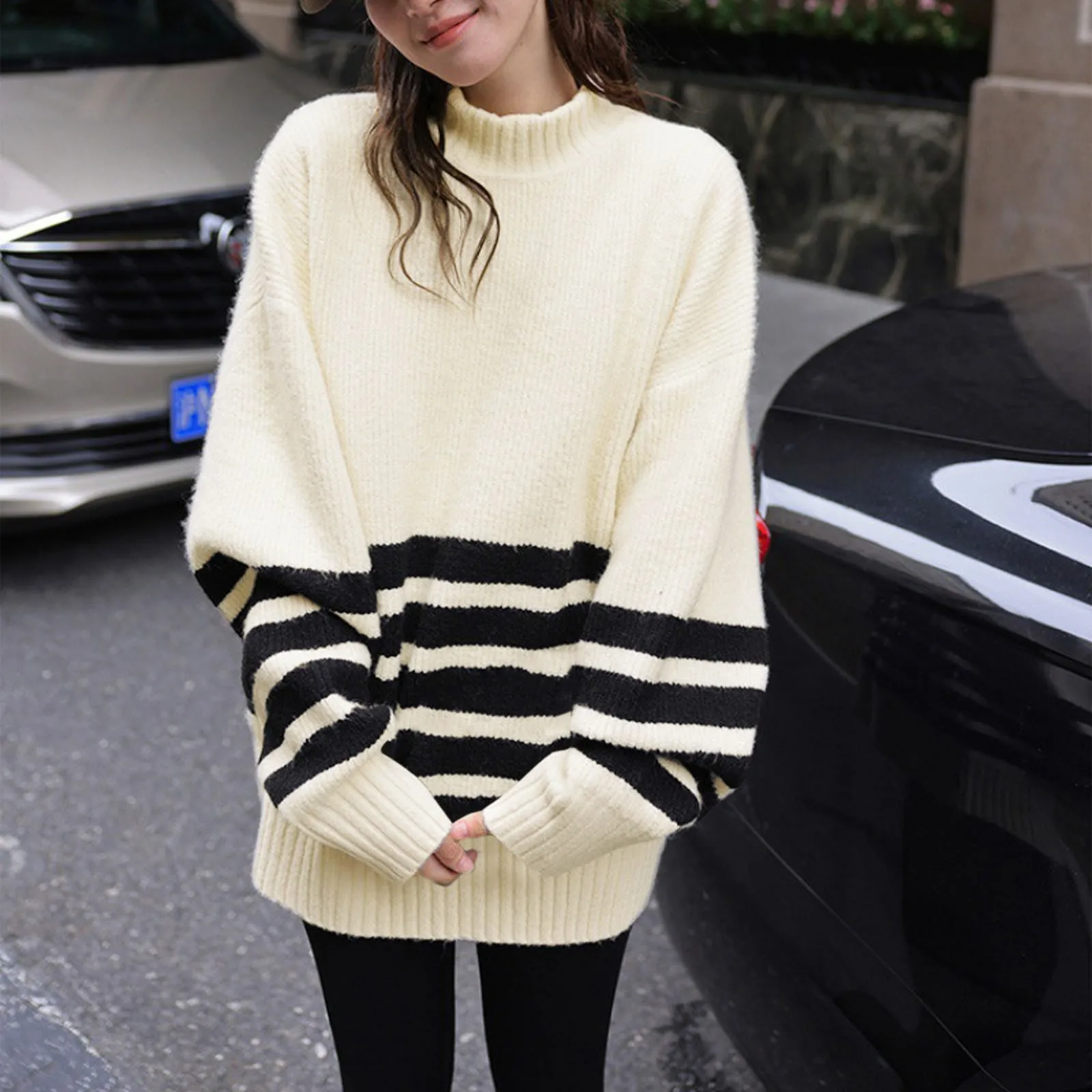 

Korean Women Full Sleeve Pullovers Knitted Striped Sweaters Casual Round Neck Autumn Winter 2024 Regular Splice Loose Tops