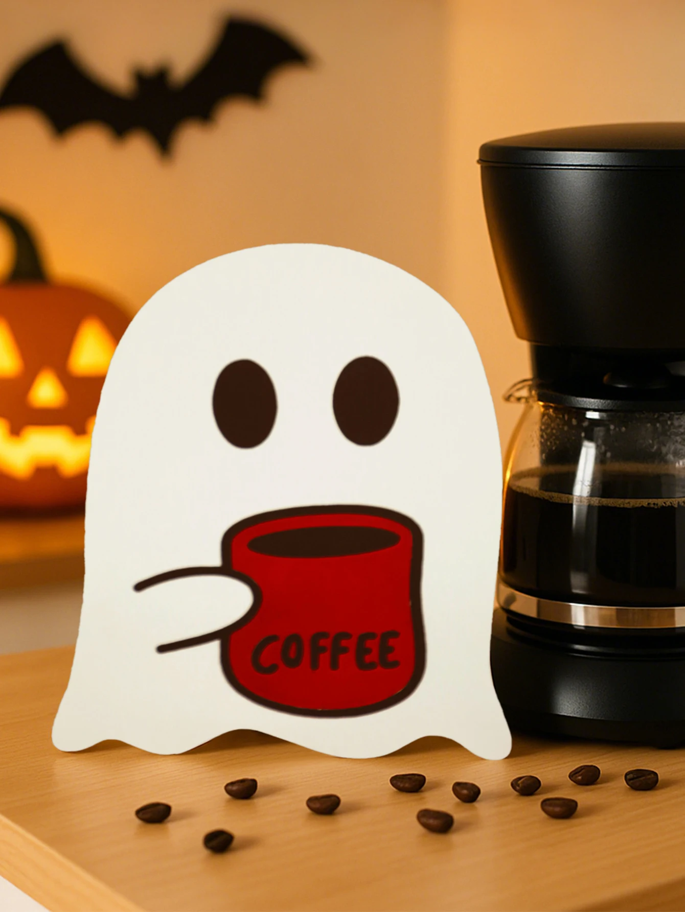 Holz-Halloween-Geist-Desktop-Dekoration, niedlicher Geist mit Kaffeetassen-Design, gruselige Tischdekoration für Zuhause, Büro und Party, ideales Geschenk