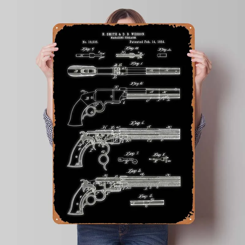 Pistol 1854 Patent Blueprint Poster Metal Wall Art of Murals Vintage Metal Tin Sign for Game Room Garage Wall Decoration Decor