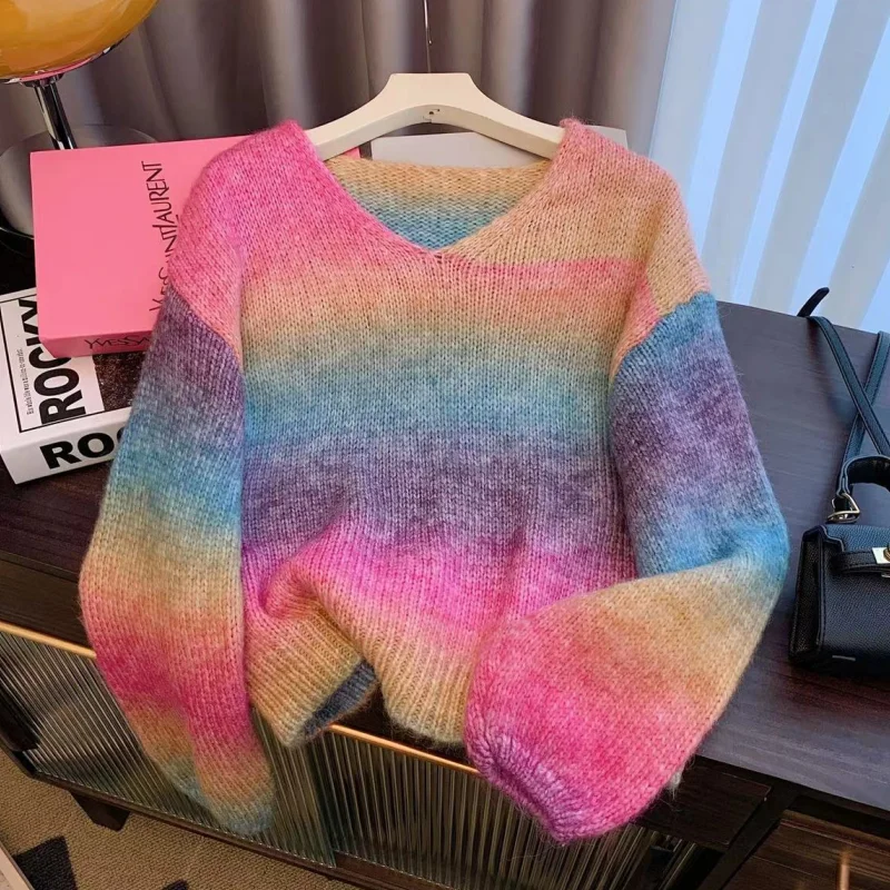 Women Pink Clothing Vintage Knitting Sweater Tie-dyed Chic Long Sleeve Casual Fashion Stripe 2023 NEW Baggy Female Winter Tops