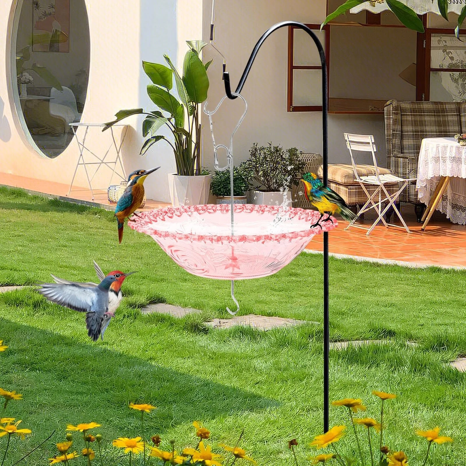 Comedero de bañera para pájaros colgante para decoración al aire libre, cuenco transparente para beber pájaros con gancho y cadena, bandeja de alimentación de agua colgante para jardín, patio, césped, terraza para atraer pájaros, regalo ideal para pájaros