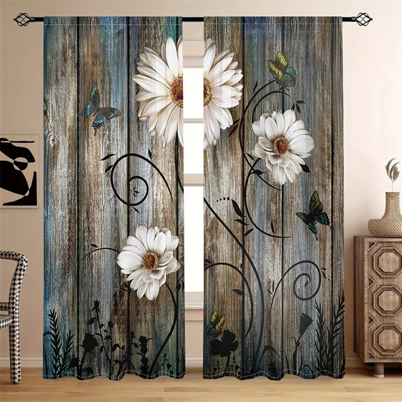 

2pcs Rustic Wooden Wild Flowers Vintage Western Country Style Brown Grommet Top Printed Windows Curtains For Bedroom Office