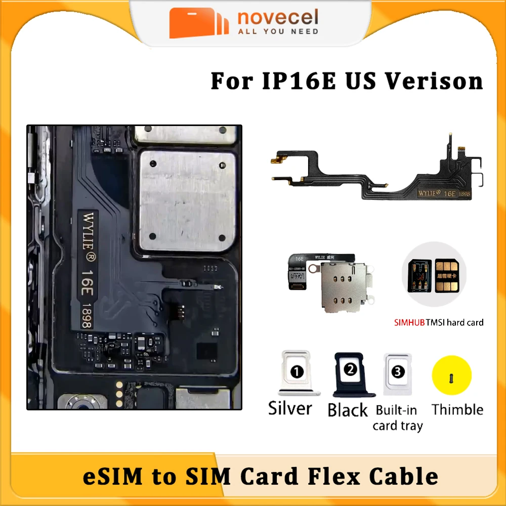 Wylie For iPhone 16E US Version ESIM Change to SIM Conversion Dual Sim Card Flex Cable Supports SIMHUB IC Bulit-in Card Tray