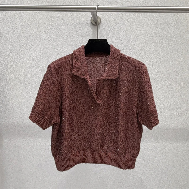 High-quality summer new women's collar sequined short-sleeved T-shirt y2k fashion casual linen blend short knit top polo shirt