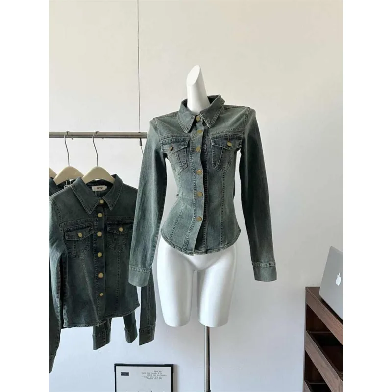 

American Vintage Blue Vintage Polo Collar Denim Shirt for Women Spring Autumn Jeans Jacket High-end Slim-Fit Top Long Sleeve New