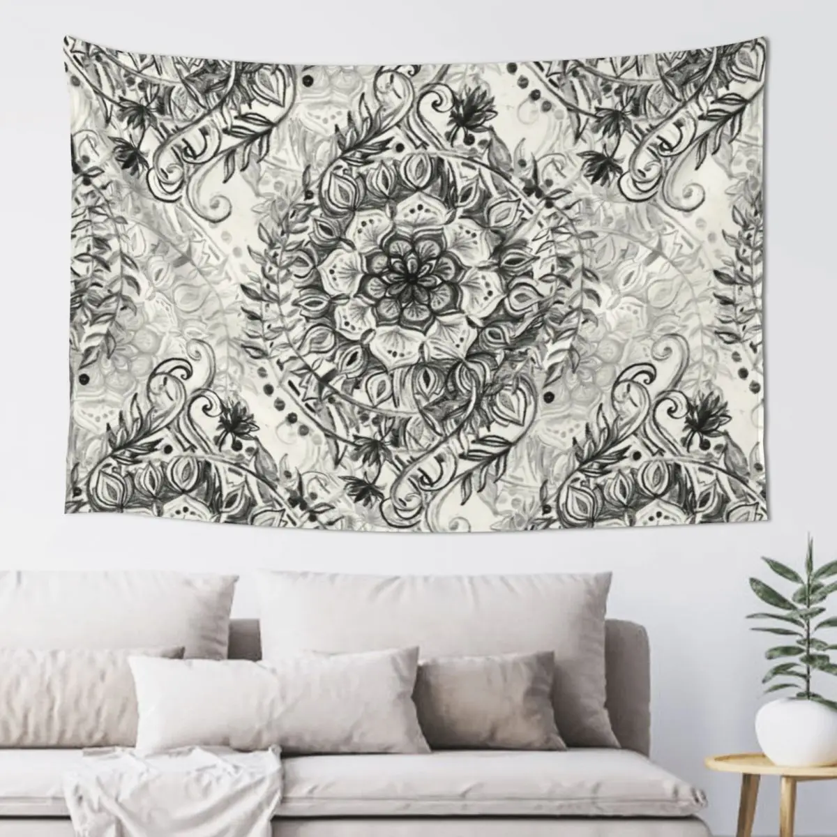 

Messy Boho Floral in Charcoal and Cream Tapestry Decor Home Luxury Living Room Decoration Tapestry