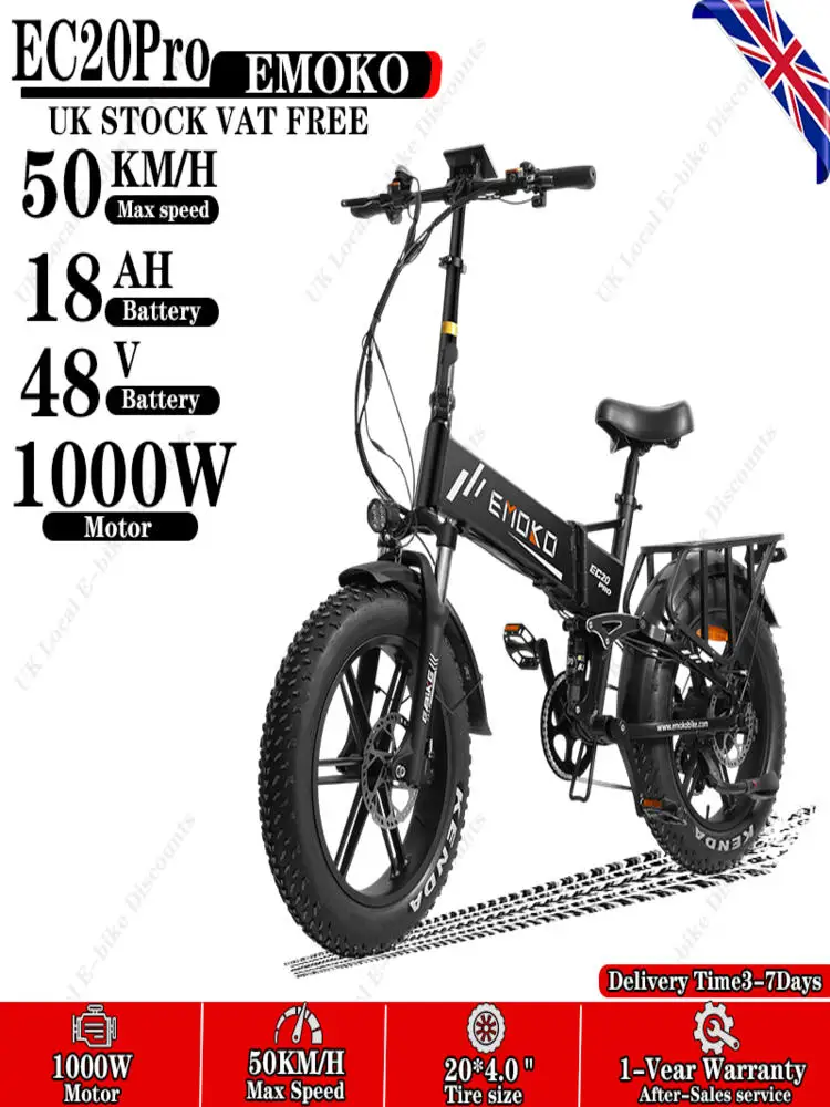 AliExpress NONE EMOKO EC20Pro Electric Bike 1000W Motor 48V18AH Lithium Battery Foldable Adult E-bike 20*4.0 inch Fat Tire All-Terrain Ebikes