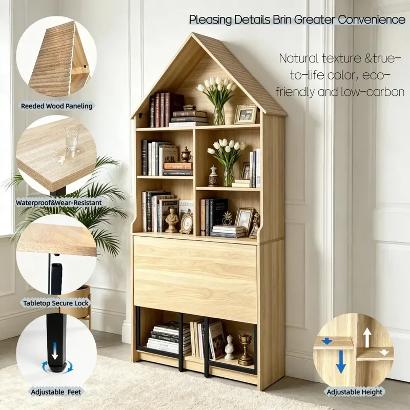 Folding Bookshelf Narrow Bookcase with Hideaway Craft Desk