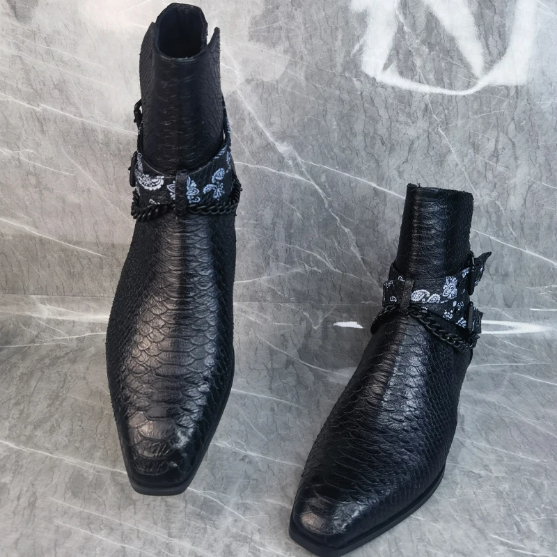 Black Square Head Animal Skin Lines Men's Boots Stylish Winter Retro Chain Buckle Ankle Boots Casual High-top Men's Shoes