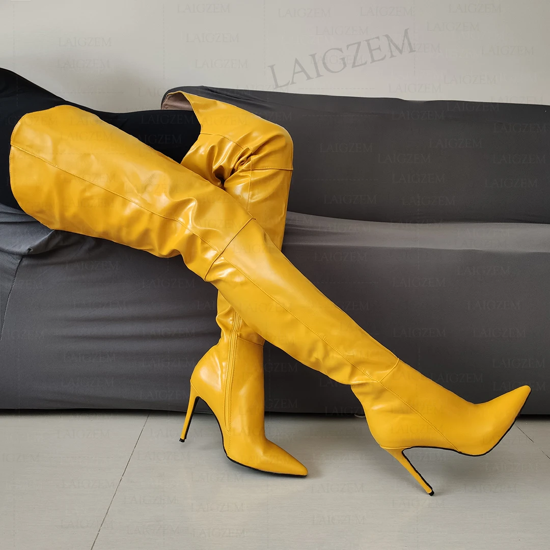 LAIGZEM Women Thigh High Boots Pointed Toe V Cut Side Zip Stiletto High Heels Boots Over Knee Shoes Woman Plus Size 38 41 44 47