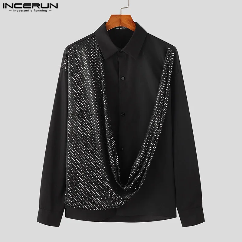 INCERUN Tops 2024 American Style Fashion Men's Polka Dot Design Embellished Shirts Handsome Male Personality Long Sleeved Blouse