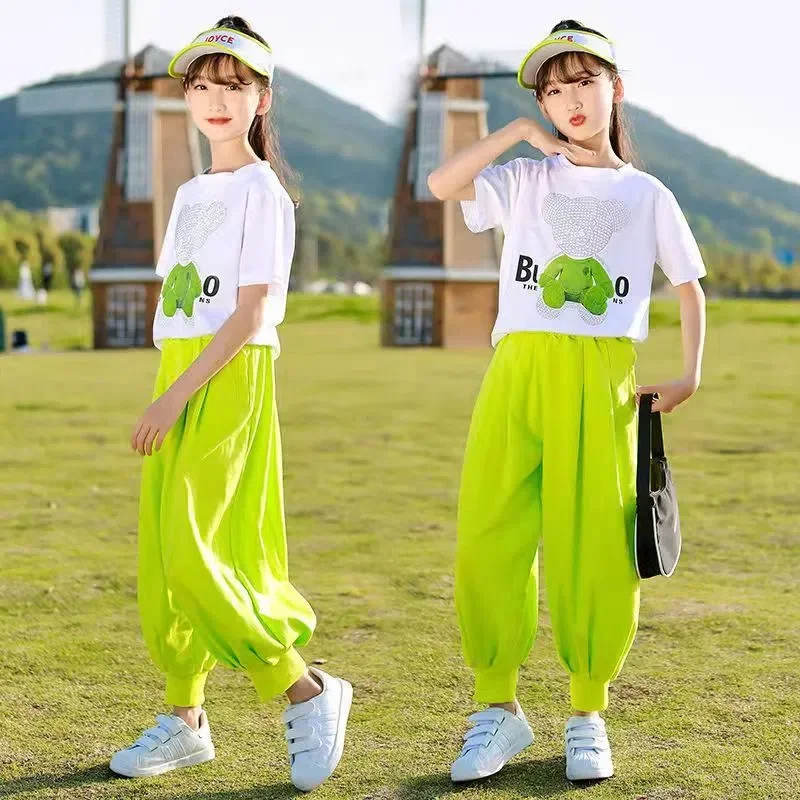 

Girls Suit Summer 2023 Children T-shirt + Loose Pants 2pcs Outfit Set Kids Cartoon Short Sleeve Teenger Girl Clothes 6 To 14