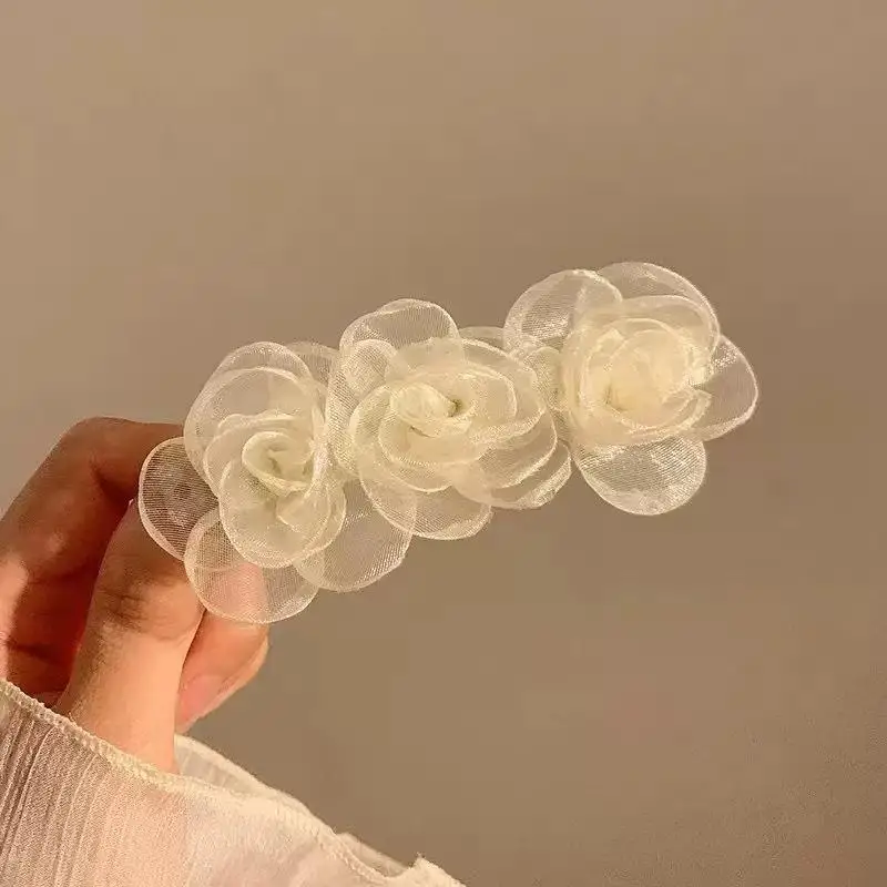 1 Stück weiße Rosenblüten-Haarspangen für Frauen, elegante Organza-Satin-Haarspangen, Braut-Haarschmuck für Hochzeit, Party – Detail 8