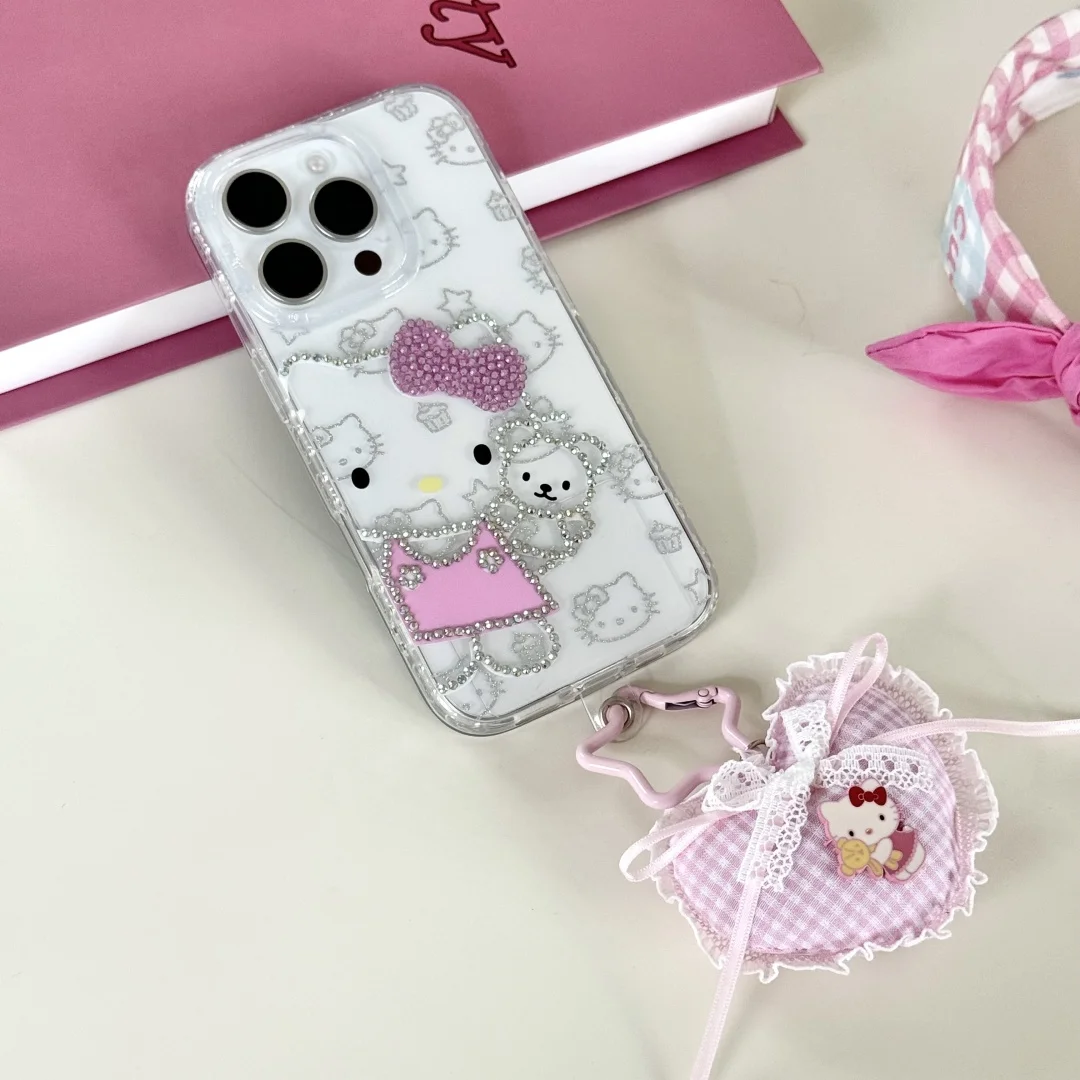 Rhinestone Bling Crystal Hello Kitty Polka Dot Phone Case For iPhone 16 12 13 14 15Pro Max Transparent Bumper Cover With Pendant