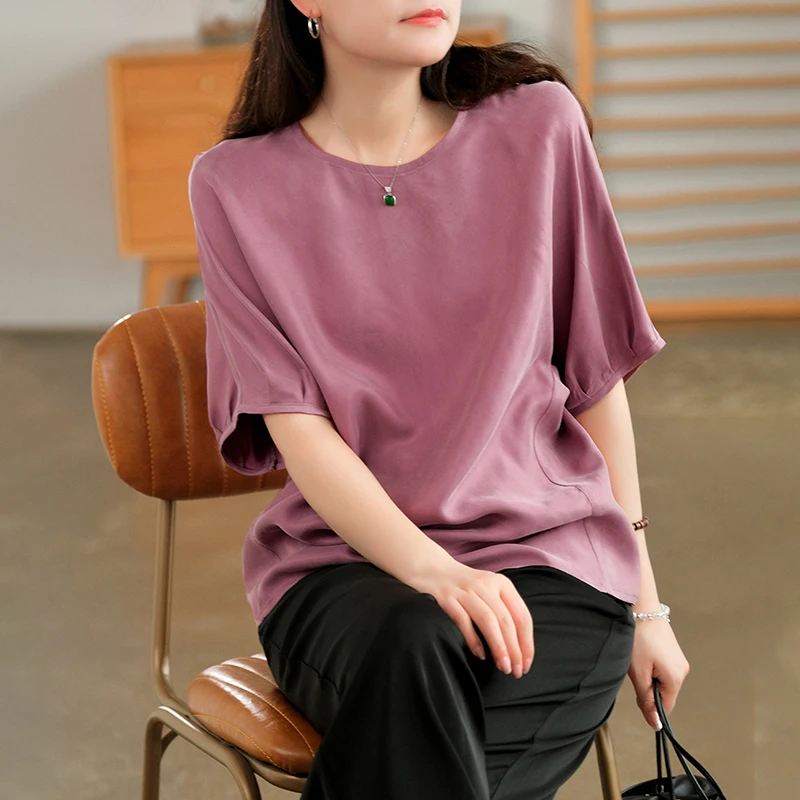 

Women's Loose Short Sleeve T-Shirt, Plus Size, Cupramadu Cover Belly Blouse, Round Neck, Elegant Top, Summer, New Fashion, 2022