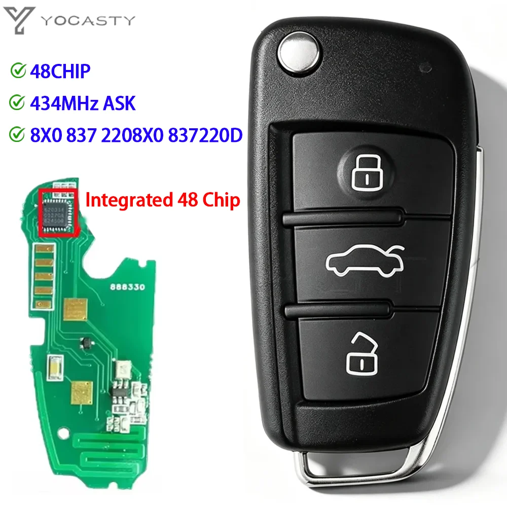 YOCASTY 8X0 837 220  8X0 837 220D 3 Button Remote Flip Key Integrated  434MHZ ID48 Chip For AUDI A1 Q3 2012 2013 2014 2015 2016