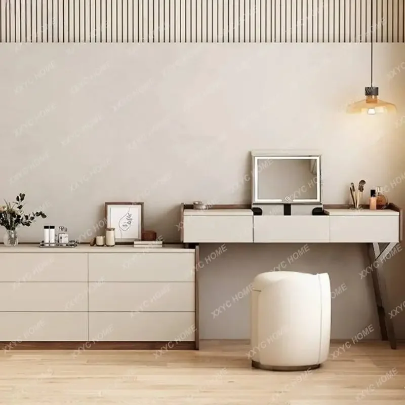 Luxury Mirror Makeup Table Stool Light Modern Wood Lounges Dressing Table Cabinet Seat Fluted Tocador Maquillaje Dressers