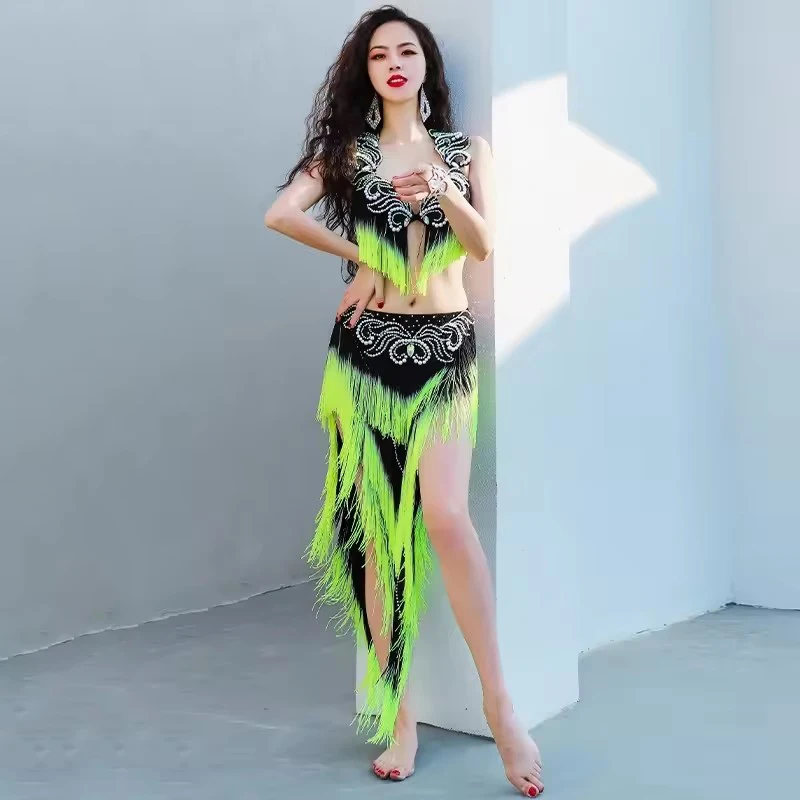 Opening Dance Women Drum Solo Dance Competition Belly Dance Costume Oriental Beaded Bra Irregular Skirt with Long Fringes