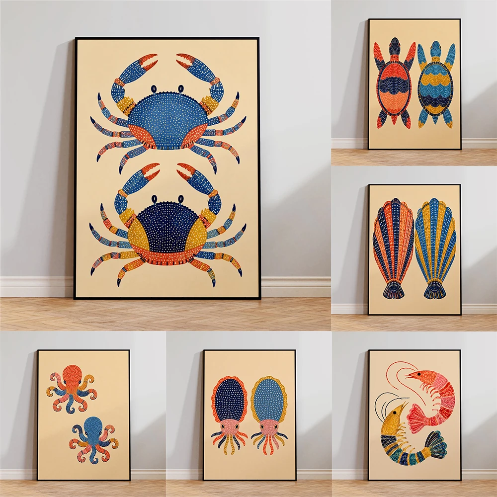 Colorful Octopus Wall Art Prints Colorful Scallop Shell Poster Coastal Wall Decor Nautical Sea Life Print Folk Art Beach Decor