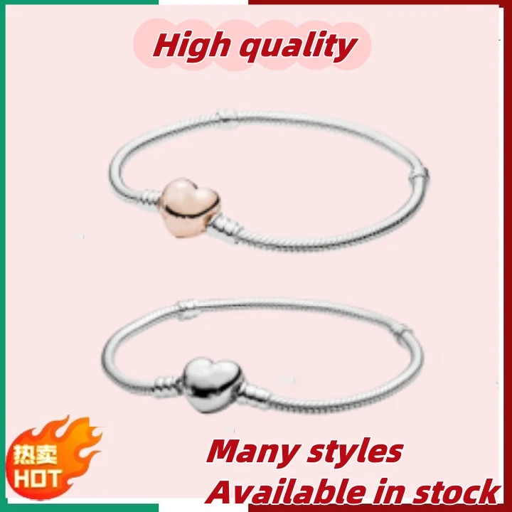 925 Sterling Silver Moments Heart Clasp Snake-Bone Chain Bracelets  Fit for Original Charm DIY Jewelry Christmas Gifts For Women