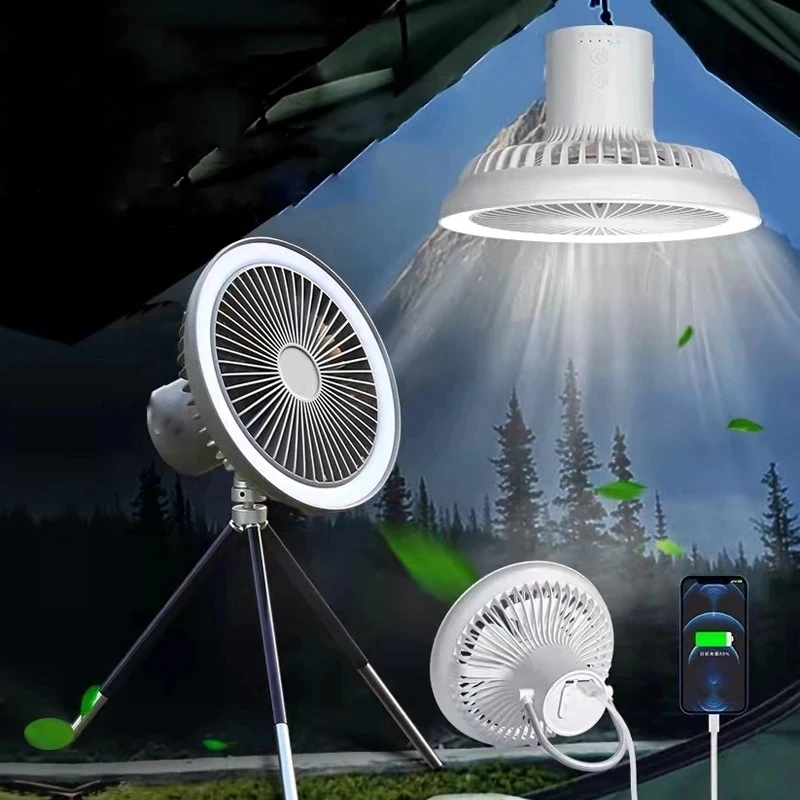 Portable Circulation Wireless Ceiling Electric Fan LED Lamp Tripod Outdoor Floor Camping Fan