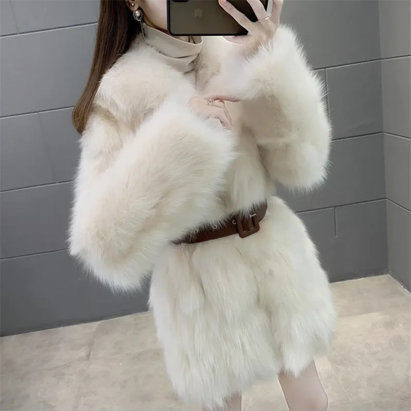 New Winter Women Fashion Imitation Fox Fur Coat High-End Mid Length Long Sleeves Fur Jacket Female Casual Loose Overcoat W1121