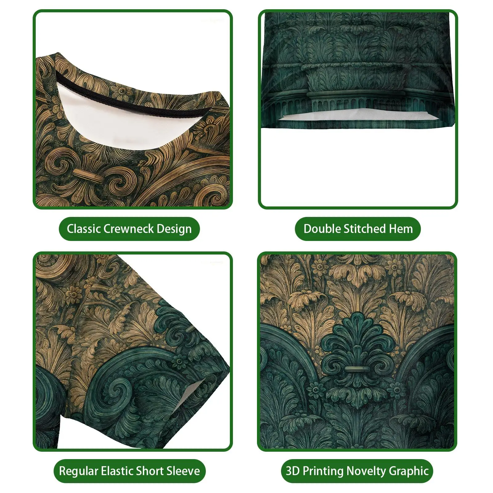 Italian Intricate Relief 3D Print T-shirt European Fashion Retro Aesthetic Streetwear Outdoor Sports Casual Short Sleeve Tops