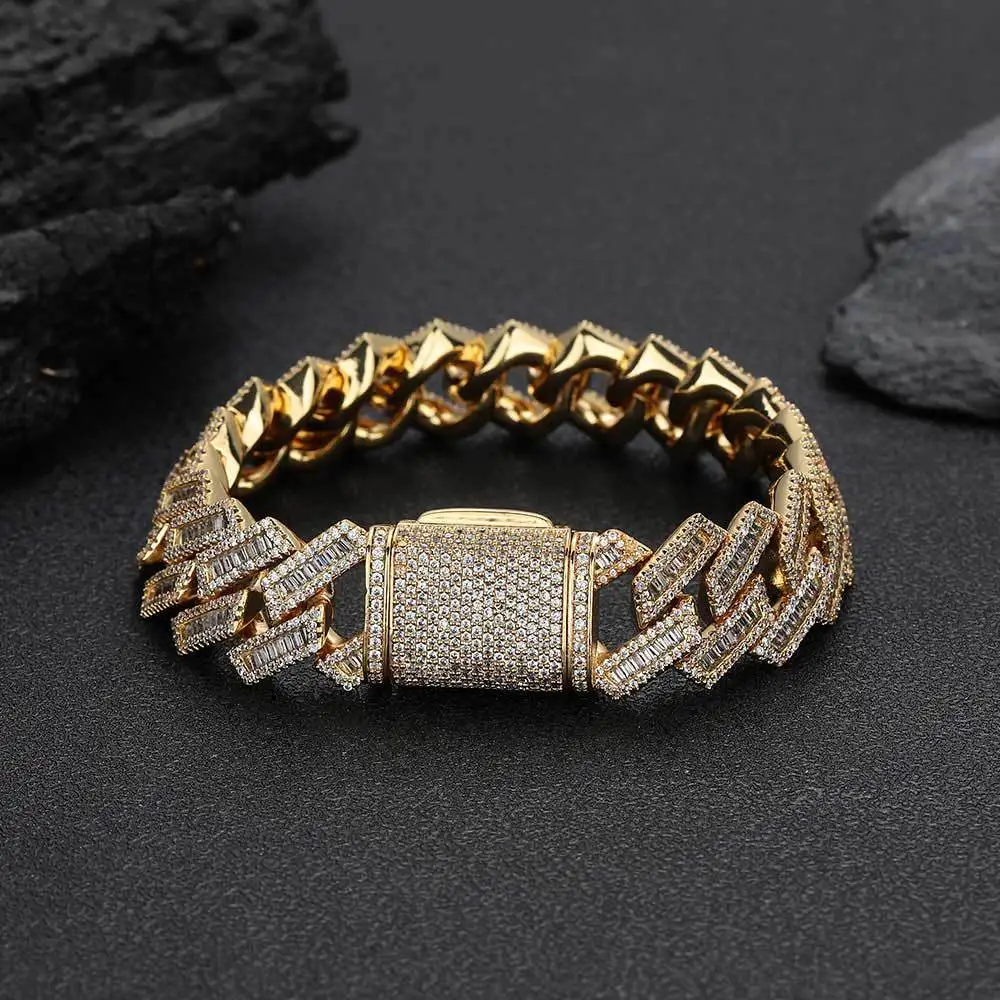 

Роскошный браслет из чистого золота 24K 9999 пробы, европейский и американский стиль хип-хоп, 18 мм, квадратная цепочка с полным покрытием бриллиантами, кубинская цепочка.